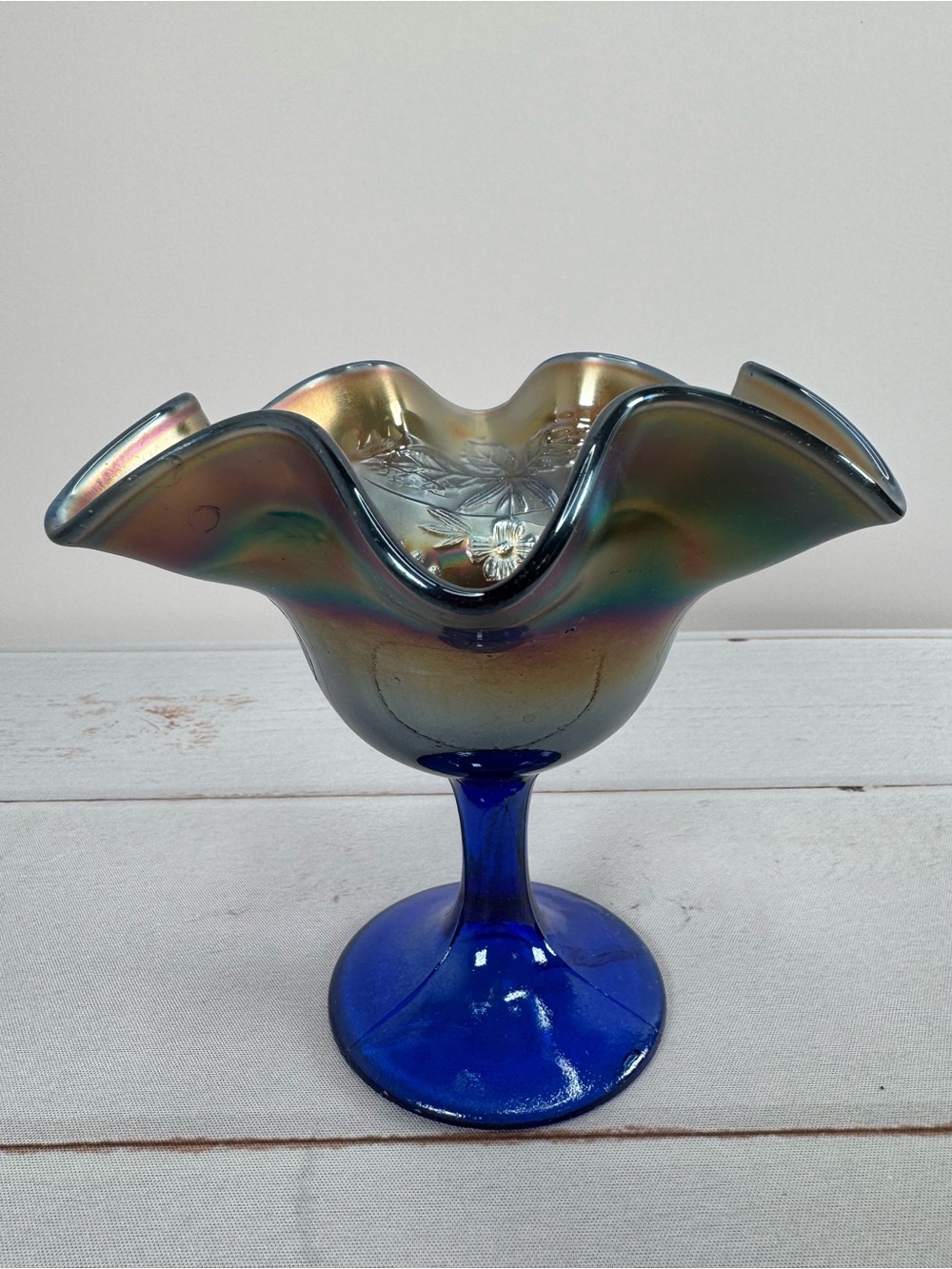 Antique Fenton Peacock and Urn Carnival Glass Compote